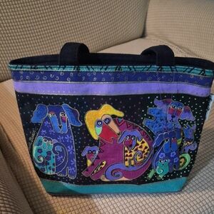 Laurel Burch Small Tote Bold Color Dogs Canvas Zipper Closure
